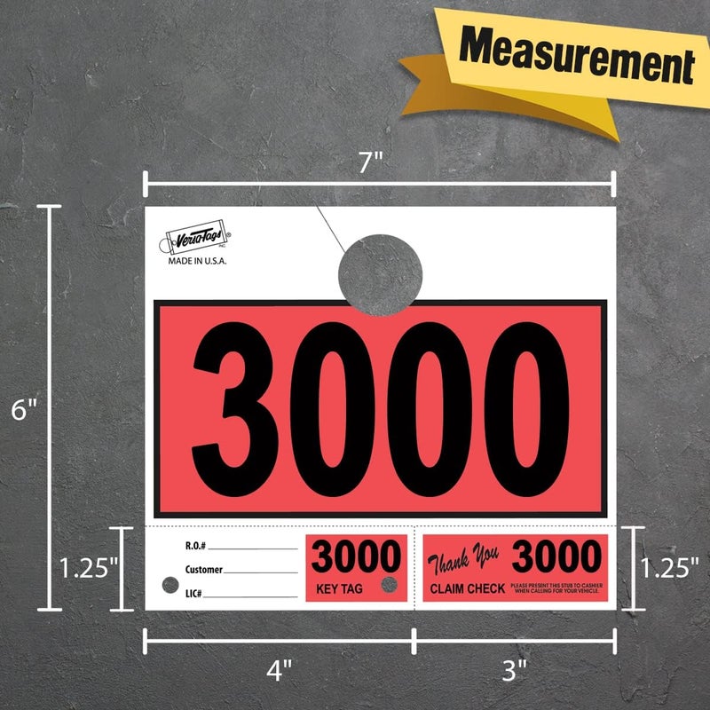 Versa-Tags 1000 Red Car Dealer Service Hang Tags Service Dispatch Numbers, Service Department Numbered Key Tags for Mechanic Repair Shop 3 Part Key Ring - Red (3000-3999) - Image 2